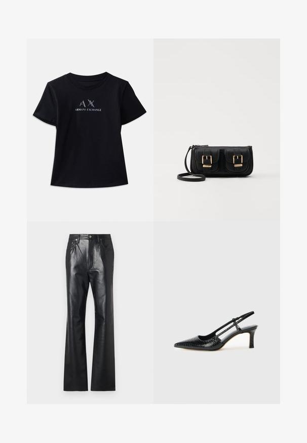 Musta lyhythihainen t-paita, jossa on pyöreä kaula-aukko. Sisältää "AX"-logon ja "ARMANI EXCHANGE" -tekstin kontrastivalkoisilla ja metallinhohtoisilla yksityiskohdilla. Pehmeä kangas.; Musta nahkahousut, joissa on sileä pinta, levenevä lahkeiden muoto, edessä vetoketju ja vyölenkit. Korostaa hienovaraisia ompeluvarsia.; Musta patent slingback-kiilakorko teräväkärkisellä muotoilulla, jossa on teksturoitu käärmeennahkakuosi, säädettävä remmi ja lyhyt, teksturoitu blokkiheel.; Musta nahkainen olkalaukku, jossa on kaksi etutaskua, kultaiset soljet, vetoketjukiinnitys ja kapea hihna. Teksturoidun pinnan ja kompaktin suorakaiteen muoto.