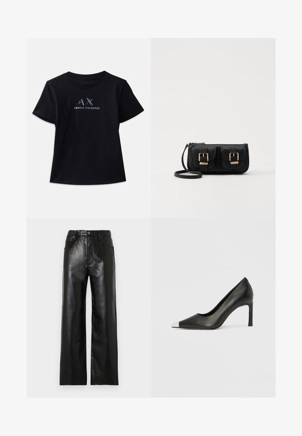 Sort kortærmet t-shirt med rund hals. Har "AX" logo og "ARMANI EXCHANGE" tekst i kontrastfarver i hvid og metalliske nuancer. Blødt stof.; Sorte brede bukser i læder med en glinsende finish, udstyret med forlommer, lynlås og knaplukning. Glat tekstur over det hele.; Sort læder højhælet sko med spids tå og metal-sølv hætte. Har en glat finish og en slank hæl på 10 cm.; Sort læder crossbody taske med to frontlommer, guldspænder, lynlåslukning og en slank rem. Struktureret overflade og kompakt rektangulær form.