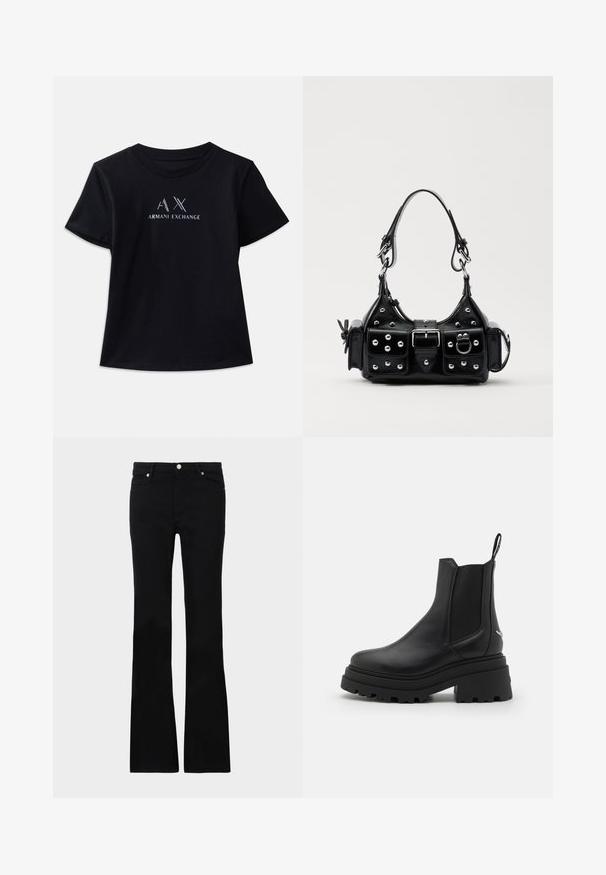 Čierne tričko s krátkym rukávom a okrúhlym výstrihom. Obsahuje logo "AX" a text "ARMANI EXCHANGE" v kontrastných bielych a kovových akcentoch. Jemná tkanina.; Čierne rozšírené džínsy vyrobené z denimu, s dvoma prednými vreckami, zapínaním na gombík a hladkým povrchom. Viditeľné podpisové šitie na švoch.; Čierne chelsea čižmy vyrobené z hladkej kože s elastickými bočnými panelmi, hrubou, ryhovanou gumovou podrážkou a pútkom vzadu.; Čierna kožená kabelka s zakriveným dizajnom, doplnená striebornými cvočkami, prackou a dvoma bočnými vreckami. Nastaviteľný popruh poskytuje rôzne možnosti nosenia.
