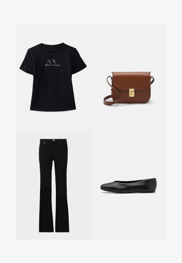 Sort kortærmet t-shirt med rund hals. Har "AX" logo og "ARMANI EXCHANGE" tekst i kontrastfarver i hvid og metalliske nuancer. Blødt stof.; Sorte bløde jeans lavet af denim, med to frontlommer, knaplukning og en glat tekstur. Signaturstikninger synlige ved sømmene.; Paul Smith TOPANGA - Ballerinasko - black; Brun læder håndtaske med flaplukning, hardware i gyldent tone, en skulderrem og en glat overflade. Kompakt rektangulær form.