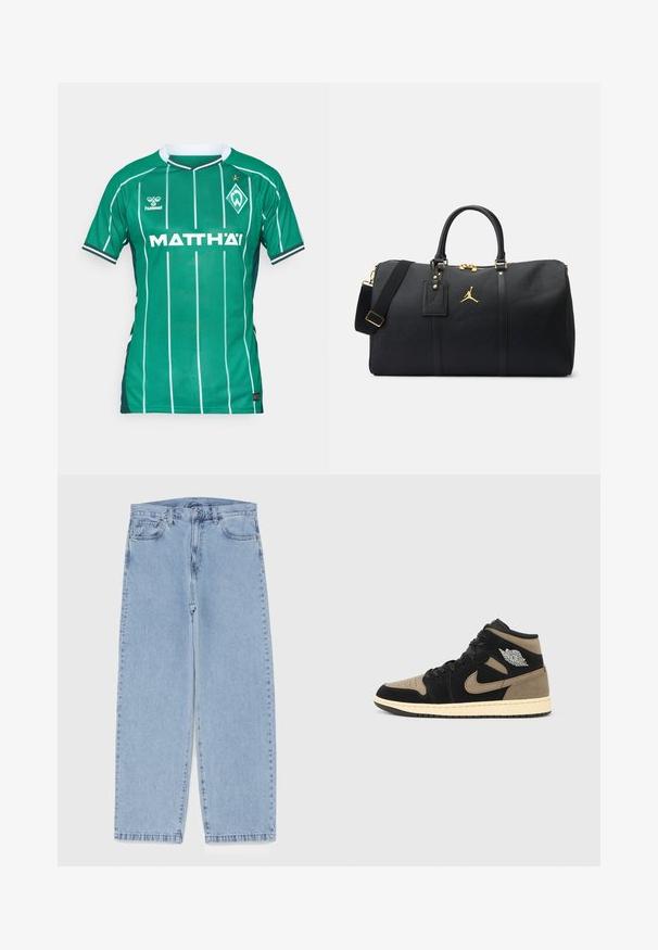 Zelený fotbalový dres s vertikálními bílými pruhy, kulatým výstřihem a krátkými rukávy. Obsahuje značku "MATTH'AI" a klubový znak.; Světle modré džíny s rovnými nohavicemi, středním pasem, pěti kapsami a zapínáním na knoflík a zip.; Kotníkové tenisky z černé a béžové semiše, s perforovanou špičkou, béžovou stélkou, černými tkaničkami a stříbrným logem na boku.; Černá sportovní taška s zlatými doplňky; vyrobena z texturovaného materiálu. Obsahuje logo, odnímatelný popruh a visačku na zavazadla.; Hnědý batoh vyrobený z lehkého materiálu s černým logem, několika zipovými kapsami, texturovanými síťovinovými akcenty a nastavitelnými popruhy.
