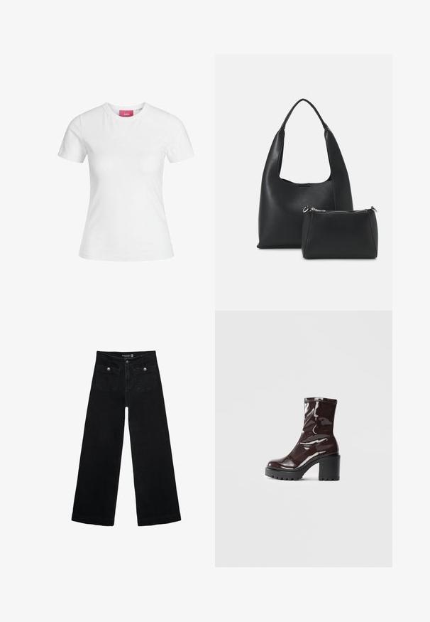 Biela bavlnená tričko s krátkymi rukávmi a okrúhlym výstrihom. Na vnútornej strane goliera sa nachádza ružová nálepka. Hladká textúra.; Čierne široké nohavice s vysokým pásom, s dvoma prednými vreckami a kovovými detailmi na gombíku. Tkanina má hladkú textúru.; Lesklé burgundské kotníkové boty s robustním černým podpatkem, s hladkou strukturou a jednoduchým designem. Bez viditelných zapínání nebo vzorů.; Even&Odd Kabelka - black