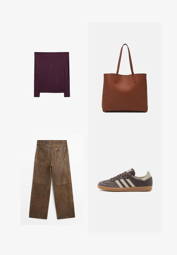 Langärmliges Oberteil aus tiefviolettem Stoff mit glatter Textur; hat seitliche Akzentpaneele und eine lockere Passform mit einem weiten Ausschnitt.; Braune Leder-Hosen mit weitem Bein, zwei Gesäßtaschen und sichtbaren Nähten, von hinten auf einem weißen Hintergrund gezeigt.; Braune Leder-Sneaker mit drei hellen Streifen, Gummisohle, abgerundetem Zehenbereich und strukturierten Wildlederelementen an Ferse und Zehen.; Braune Leder-Tote mit glatter Textur, offenem Oberteil und zwei Schulterriemen. Verfügt über minimale Nähte und keine sichtbaren Beschläge.