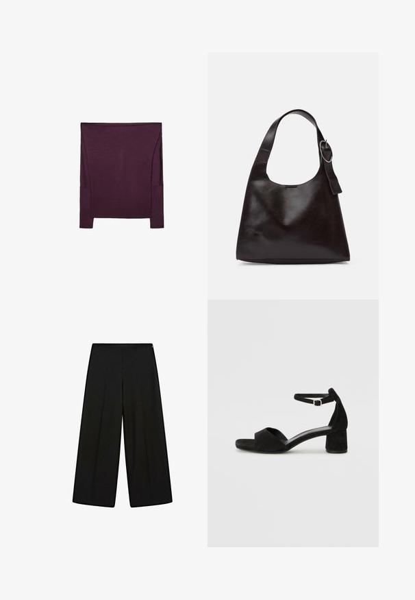 Maglia a maniche lunghe in tessuto viola scuro con una texture liscia; presenta accenti sui pannelli laterali e una vestibilità comoda con scollo ampio.; Pantaloni neri a gamba larga realizzati in tessuto morbido, con vita alta e pieghe, caratterizzati da una texture liscia e senza decorazioni visibili.; Sandali con tacco in suede nero, con una sottile fascia alla caviglia, design open toe e un discreto tacco a blocco. Texture liscia e decorazioni minime.; Borsa a spalla in pelle marrone con una texture liscia, forma arrotondata, ampia tracolla e un accento metallico circolare sul manico.