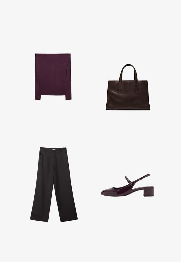 Dlouhý rukáv top v tmavě fialové látce s hladkou texturou; má boční panelové akcenty a volný střih s širokým výstřihem.; Černé široké kalhoty vyrobené z hladké tkaniny, s předním zipem a dvěma bočními kapsami, s dobře padnoucím střihem a minimalistickým designem.; Burgundské lakované boty s otevřenou patou, čtveratou špičkou, krátkým blokovým podpatkem a nastavitelným páskem kolem kotníku. Hladký povrch s lesklým finišem.; Hnědá kožená taška přes rameno s dvěma dlouhými uchy, strukturální obdélníkový tvar, hladká textura a jemné švy.