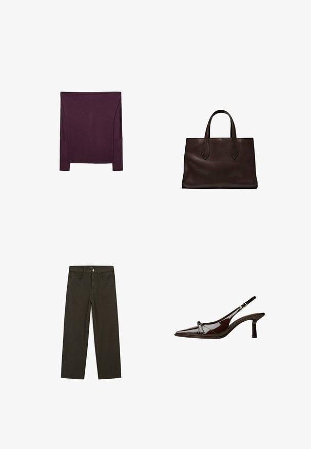 Długi rękaw bluzki w głębokim fioletowym kolorze z gładkiego materiału; posiada boczne akcenty i luźny krój z szerokim dekoltem.; Ciemnozielone spodnie dżinsowe typu wide-leg wykonane z mieszanki bawełny, z zamkiem na guzik z przodu, pięcioma kieszeniami i klasycznym przeszyciem dżinsowym.; Brązowe lakierowane sandały z odkrytymi palcami, o spiczastym nosku, niskim obcasie i ozdobnym kokardkowym akcentem z przodu. Gładka, błyszcząca tekstura.; Brązowa skórzana torba tote z dwoma wydłużonymi uchwytami, usztywnionym prostokątnym kształtem, gładką teksturą i subtelnymi detalami przeszycia.
