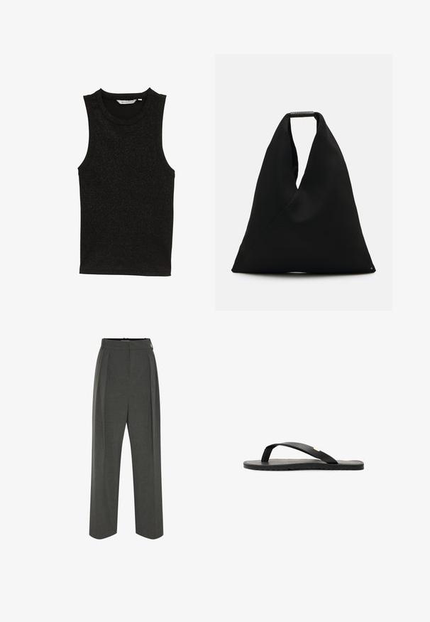 Čierny tielko bez rukávov vyrobené z textúrovanej, leskléj tkaniny. Má okrúhly výstrih a priliehavý dizajn bez ozdôb.; Sivé široké nohavice z textúrovaného materiálu s vysokým pásom a záhybmi vpredu. Dizajn zahŕňa hladký pás a žiadne viditeľné zapínanie.; Čierne žabky s plochou podrážkou, textúrovanou čiernou stielkou, hladkými popruhmi a malým zlatým akcentom pri palci.; Čierna textilná taška s unikátnym V-tvarom a hladkou textúrou. Obsahuje krátku rúčku s minimalistickými kovovými detailmi.