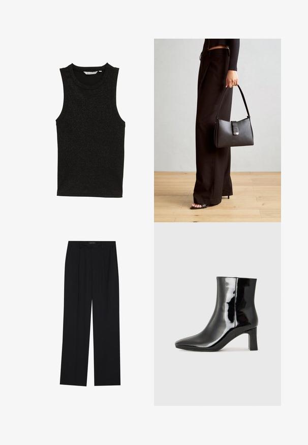 Čierny tielko bez rukávov vyrobené z textúrovanej, leskléj tkaniny. Má okrúhly výstrih a priliehavý dizajn bez ozdôb.; Čierne nohavice so strihom rovného nohu, s dvoma prednými vreckami a pásom. Vyrobené z hladkej, ľahkej textílie.; Čierne lakované členkové topánky s špicatou špičkou a stredne vysokým blokovým podpätkom. Hladká textúra a minimalistický dizajn.; Čierna kabelka so štruktúrovaným tvarom, hladkou textúrou a kovovou sponou. V kombinácii so širokými čiernymi nohavicami a sandálmi s otvorenou špičkou na drevenej podlahe.