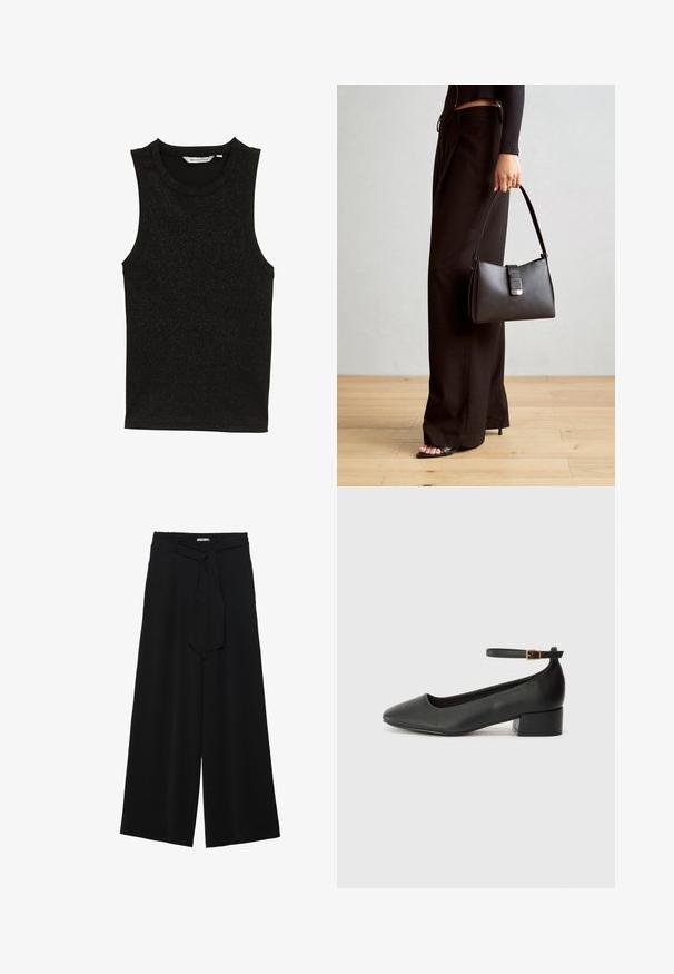 Černý top bez rukávů vyrobený z texturované, lesklé látky. Má kulatý výstřih a upnutý střih bez ozdob.; Černé kalhoty s širokými nohavicemi, vyrobené z texturované tkaniny, s elastickým pasem a odnímatelným páskem na úpravu velikosti.; Černé kožené lodičky s špičatou špičkou a nízkým blokovým podpatkem. Obsahují pásek kolem kotníku se zlatou sponou. Hladký povrch.; Černá kabelka se strukturovaným tvarem, hladkým povrchem a kovovým uzávěrem. Kombinována s širokými černými kalhotami a sandály s otevřenou špičkou na dřevěné podlaze.