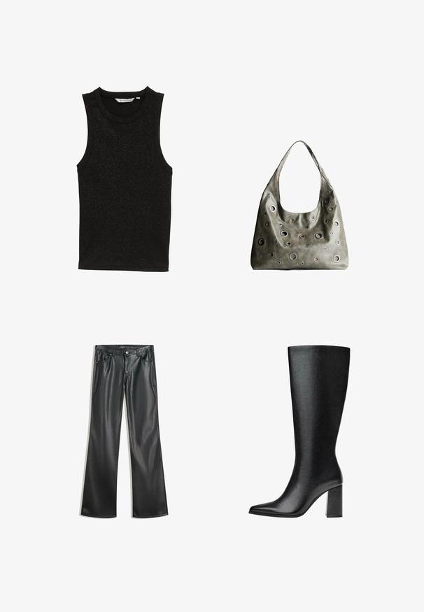 Čierny tielko bez rukávov vyrobené z textúrovanej, leskléj tkaniny. Má okrúhly výstrih a priliehavý dizajn bez ozdôb.; Čierne faux kožené rozšírené nohavice s hladkou textúrou, dizajnom s piatimi vreckami, predným zipsom a kontrastným šitím.; Čierne vysoké čižmy po kolená vyrobené z umelej kože, s špicatou špičkou, hladkým povrchom a robustným blokovým podpätkom. Minimalistický design bez viditeľných akcentov.; Olive zelená kožená kabelka so spadnutým dizajnom, obsahujúca rôzne veľkosti kruhových výrezov a akcenty v tmavších a svetlejších odtieňoch.
