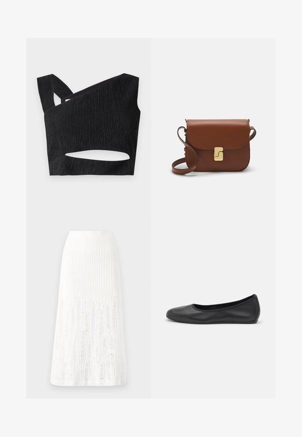 Mustamata lühike topp tekstureeritud kangast, asümmeetrilise lõikega kaelus ja lõikega detail vööl. Omab laiu rihmasid ja kitsast disaini.; Kootud valge midi seelik, millel on tekstuurine muster vertikaalsete joonte ja lõike-detailidega hemmi lähedal. Elastne vöökoht. Pehme materjal.; Musthave mustika tantsutossud mustast nahast, ümmarguse varbaga, siledast tekstuurist, minimaalse õmblusdetailiga ja paindliku tallakujundusega.; Pruunist nahast käekott, millel on klapiga sulgur, kuldne riistvara, õlarihm ja sile tekstuur. Kompaktne ristkülikukujuline vorm.