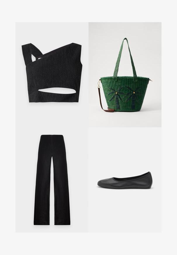 Schwarzes, kurzes Top aus strukturiertem Stoff, asymmetrischem Ausschnitt und Ausschnitt-Detail an der Taille. Mit breiten Trägern und figurbetontem Schnitt.; Schwarze, weit geschnittene Hosen aus leichtem Stoff. Merkmale sind eine hohe Taille, eine glatte Textur und klare Linien ohne Taschen oder Verzierungen.; Schwarze Leder-Ballettschuhe mit abgerundeter Spitze, glatter Textur, minimalen Nähdetails und einem flexiblen Sohlen-Design.; Grüne geflochtene Tragetasche mit Palmbaumdesigns in dunklerem Grün; mit zwei Griffen und einem abnehmbaren braunen Ledertragegurt.
