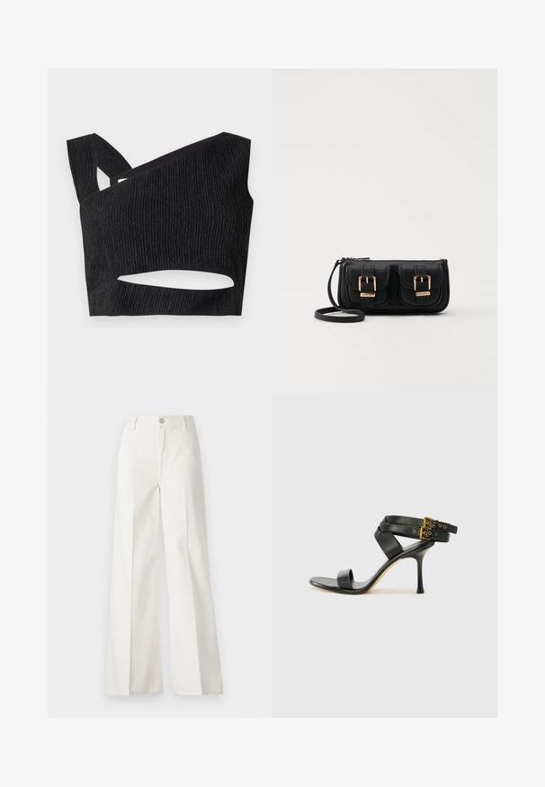 Crna kratka majica s teksturiranim materijalom, asimetričnim izrezom i prorezom u struku. Ima široke naramenice i prilagođeni dizajn.; Bijele široke hlače izrađene od pamuka s glatkom teksturom. Imaju prednji gumb, patentni zatvarač i dizajn s četiri džepa.; Crne sandale s petom sa preklapanim trakama i podesivim kopčanjem. Imaju glatku teksturu i suženi stiletto potplat.; Crna kožna torba preko ramena s dva prednja džepa, zlatnim kopčama, zatvaranjem na zip i uskim remenom. Teksturirana površina i kompaktan pravokutan oblik.