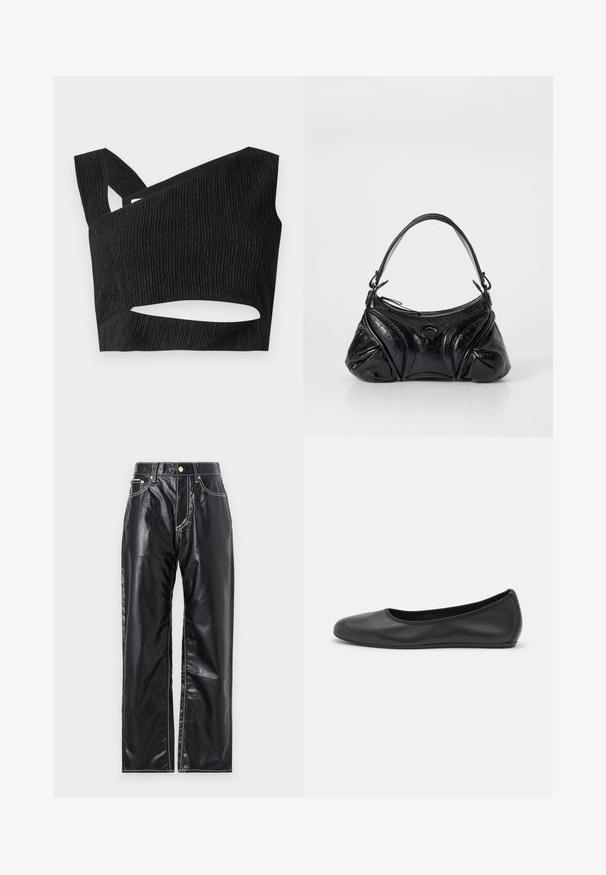 Top corto nero in tessuto texturizzato, con scollatura asimmetrica e dettaglio a taglio in vita. Presenta spalline larghe e un design aderente.; Pantaloni neri in finta pelle con taglio wide-leg, dotati di cuciture bianche, tasche anteriori e un bottone dorato in vita.; Pantofole da balletto nere in pelle con punta arrotondata, texture liscia, dettagli di cucitura minimi e design con suola flessibile.; Borsa nera realizzata in pelle testurizzata con una forma arrotondata. Presenta una sottile tracolla e motivi decorativi a rilievo.