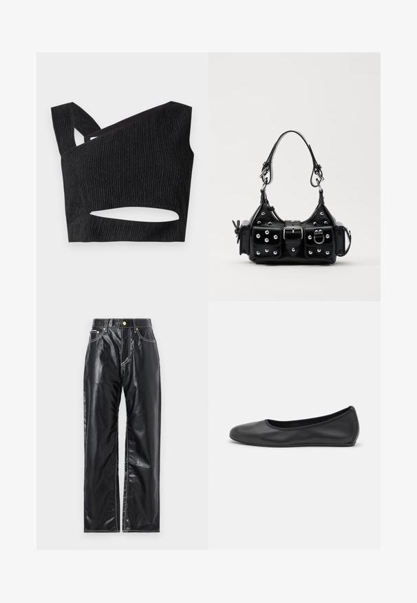 Crna kratka majica s teksturiranim materijalom, asimetričnim izrezom i prorezom u struku. Ima široke naramenice i prilagođeni dizajn.; Crne hlače od umjetne kože sa širokim nogavicama, s bijelim šavovima, prednjim džepovima i zlatnim gumbom na pojasu.; Crne kožne baletanke s zaobljenim vrhom, glatke teksture, minimalnim detaljima šavova i fleksibilnim dizajnom potplata.; Crna kožna torba s zakrivljenim dizajnom, koja sadrži srebrne zakovice, kopču i dva bočna džepa. Podesiva traka za različite opcije nošenja.