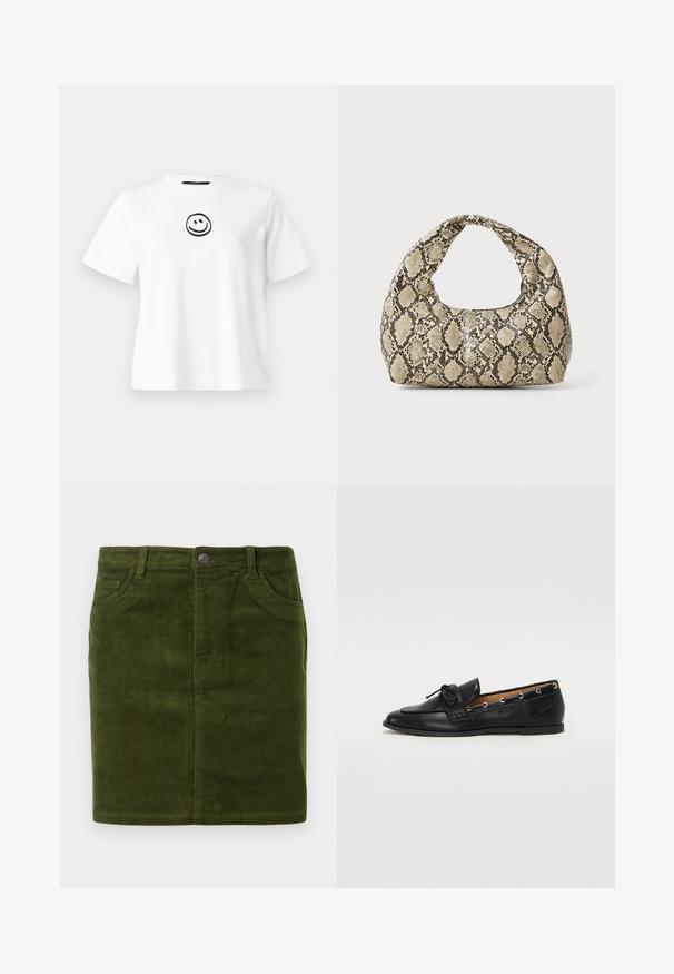 Tricou alb din bumbac cu mâneci scurte, decolteu rotund și un emoticon zâmbitor brodat în centru. Textură netedă.; Fustă din catifea grosieră de culoare verde închis, cu o croială dreaptă, având un design cu cinci buzunare și închidere cu nasture metalic la talie.; Mocasini din piele neagră cu fundiță legată, având accente aurii sub formă de ochiuri pe laterale și o talpă plată din cauciuc. Textură netedă, design clasic.; Geantă cu imprimeu de șarpe, având un mâner curbat. Fabricată din materiale texturate, bej și maronii, cu un model distinctiv în formă de diamant.