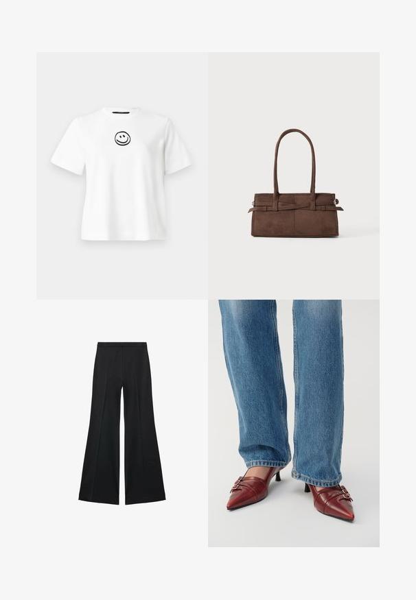 White cotton t-shirt featuring short sleeves, a round neckline, and a black embroidered smiley face at the center. Smooth texture.; Black wide-leg pants with a smooth texture, featuring front pleats and a tailored design. The fabric is lightweight and flowy.; Red leather pointed-toe shoes with a small heel, featuring horizontal stitching and two silver buckles, worn with blue denim jeans.; Brown suede handbag with two sturdy handles, a rectangular shape, and decorative strap detail across the front.
