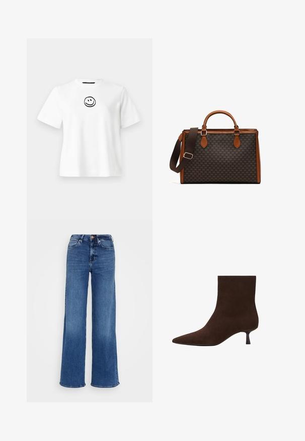 White cotton t-shirt featuring short sleeves, a round neckline, and a black embroidered smiley face at the center. Smooth texture.; Mid-blue high-waisted denim jeans with wide legs, button and zip closure, and front and back pockets, on plain light gray background.; Brown suede ankle boot with a pointed toe and a slender kitten heel. Smooth surface, seamless design, and understated silhouette.; Brown patterned handbag with leather accents, double handles, and a detachable strap. Features a zip closure and a structured shape.