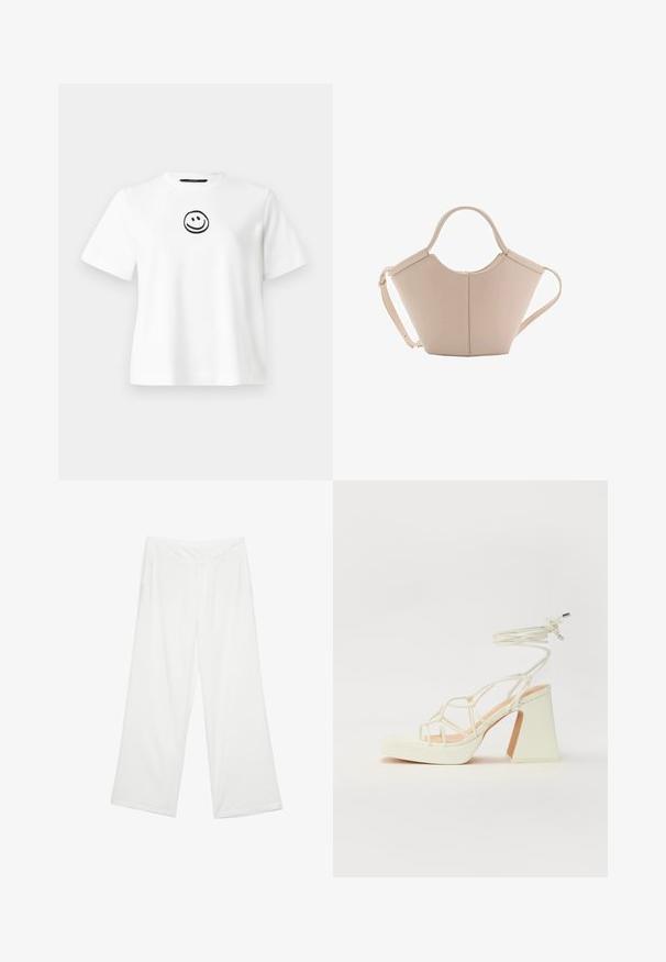 Biała bawełniana koszulka z krótkim rękawem, okrągłym dekoltem i czarnym haftowanym uśmiechniętą buźką na środku. Gładka faktura.; Spodnie wide-leg w białym materiale, charakteryzujące się gładką fakturą, przednimi kieszeniami oraz klasycznym pasem z szlufkami na pasek.; Biała sandał na wysokim obcasie z masywnym słupkiem, z paskowym wzorem i wiązaniem przy kostce. Gładka faktura z platformą z przodu dla dodatkowej wysokości.; Beżowa skórzana torebka o unikalnym kształcie, z dwoma krótkimi uchwytami i długim, regulowanym paskiem. Gładka tekstura z minimalną ilością elementów metalowych.