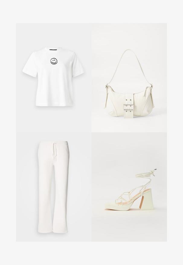 Hvit bomulls T-skjorte med korte ermer, rund hals og en svart brodert smilefjes i midten. Glatt tekstur.; Hvite, avslappede joggebukser laget av myk stoff, med elastisk liv med snor og rett ben-design.; Hvit høyhælte sandal med kraftig hæl, med en stroppe-design og ankelbånd. Glatt tekstur med plattform foran for ekstra høyde.; Hvit skulderveske med teksturert overflate, sentral spennefokus og buet form. Glidelåslukking på begge sider.