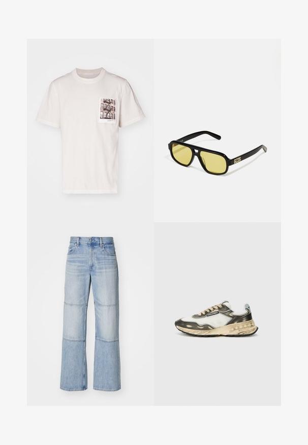 Cream cotton T-shirt with a crew neckline, short sleeves, and a chest pocket featuring a printed urban photo. Soft texture, relaxed fit.; Light blue denim trousers with a wide-leg design, featuring contrasting panels and visible stitching. High-waisted with a button closure.; Athletic sneaker with a white mesh and gray leather upper, beige laces, black rubber sole, and layered design with textured accents.; GCDS UNISEX - Sunglasses - shiny black