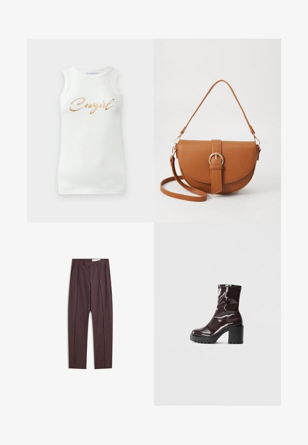 Bílý bezramínkový žebrovaný top s metalickým zlatým nápisem "Cowgirl" přes hruď, vystavený na jednobarevném pozadí.; Fialové proužkované kalhoty s sklady, s vysokým pasem a rovnými nohavicemi. Vyrobeno z hladké, texturované tkaniny.; Lesklá bordó kotníková bota s masivním černým podpatkem, se hladkým povrchem a jednoduchým designem. Žádné viditelné zapínání ani vzory.; Hnědá kožená křížová taška s zakřiveným tvarem, zlatými detaily a akcentem s přezkou. Obsahuje odnímatelný popruh na rameno.
