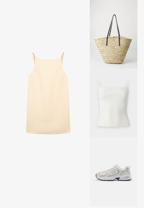 Weißes, geripptes Tanktop mit dünnen Trägern, das ein figurbetontes Design und eine weiche Textur aufweist. Das Material ist dehnbar und glatt, was den Komfort erhöht.; Beige ärmelloses Kleid mit lockerer Passform, aus glattem Stoff gefertigt, mit dünnen Schulterträgern und geradem Saum.; Sportlicher Schuh mit einem hellgrauen Mesh-Obermaterial und Wildlederakzenten, weißen Schnürsenkeln und einer schwarzen Gummisohle. Auffälliges ABZORB-Dämpfungselement.; Geflochtene Strohtasche in breiter, sich verjüngender Form mit zwei schwarzen Ledergriffen. Natürliche beige Farbe mit strukturierter Oberfläche.