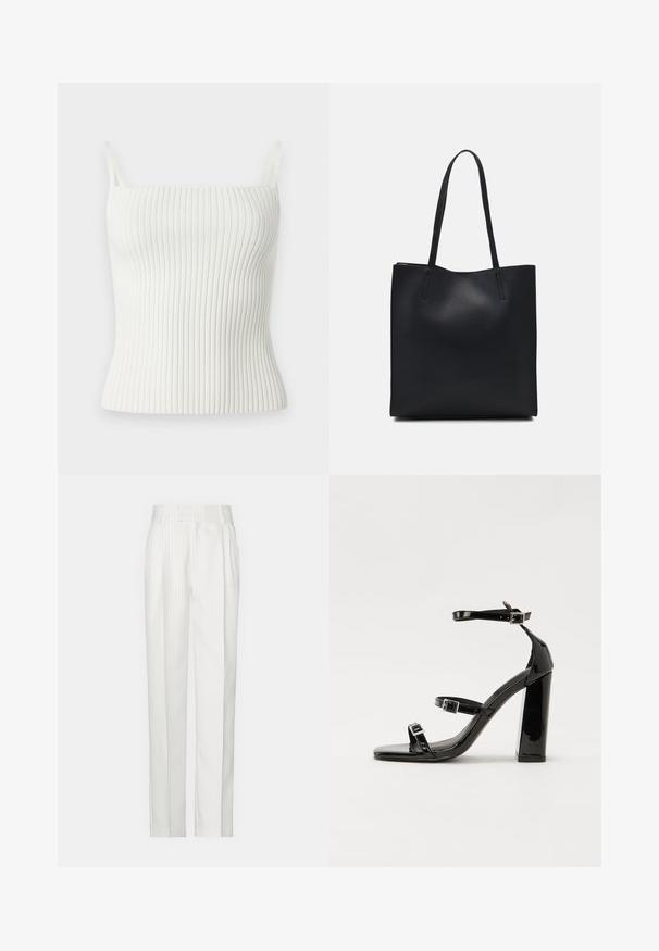 White ribbed tank top with thin straps, featuring a fitted design and soft texture. The material is stretchy and smooth, enhancing comfort.; White pinstriped trousers with a straight leg design, made from a lightweight fabric. Features pleats at the front and a traditional waistband.; Black patent heeled sandals with a square toe, ankle straps, and silver buckles. Features a chunky block heel for stability.; Black leather tote bag with smooth texture, rectangular shape, and two long handles. No visible hardware or embellishments.