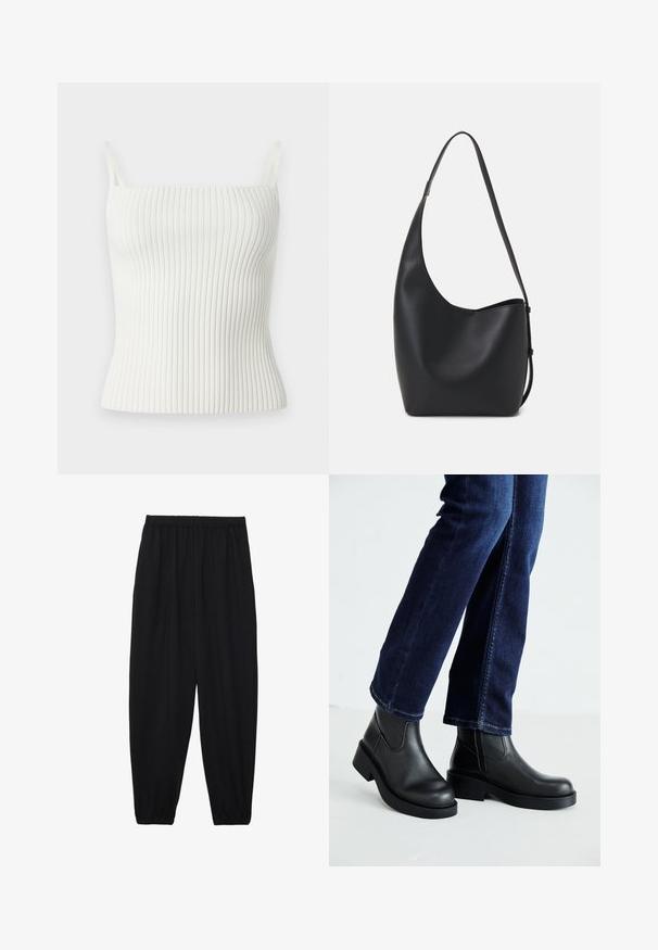 Biała, prążkowana koszulka na ramiączkach z cienkimi paskami, o dopasowanym kroju i miękkiej teksturze. Materiał jest elastyczny i gładki, co zwiększa komfort noszenia.; Czarne, lekkie spodnie z elastycznym pasem i ściągaczami na kostkach. Materiał jest gładki i ma luźny, zwężany krój.; Czarne skórzane botki za kostkę z grubą podeszwą oraz bocznymi elastycznymi panelami, w zestawieniu z ciemnoniebieskimi dżinsami. Podłoże jest jasne.; Czarna skórzana torba hobo o gładkiej fakturze, zaokrąglonym kształcie i pojedynczym, regulowanym pasku; posiada szerokie otwarcie na górze.