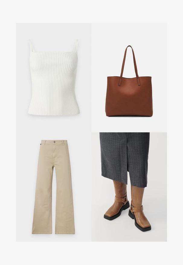 Top de tirantes finos en color blanco con textura acanalada, que presenta un diseño ajustado y una suavidad al tacto. El material es elástico y liso, lo que mejora la comodidad.; Pantalones de pierna ancha beige fabricados en algodón. Cuenta con un cierre de botón, pasadores para cinturón y bolsillos laterales. Textura suave y resistente con un diseño clásico.; Botas de cuero marrón hasta la rodilla con punta cuadrada, suela de goma negra y detalle de correa ajustable con hebilla. Llevadas con una falda gris de rayas.; Bolso tote de cuero marrón con una textura suave, diseño de apertura superior y dos correas para el hombro. Presenta una costura mínima y sin herrajes visibles.