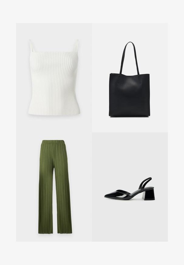 Baltas įvaro raštas su plonomis petnešomis, pasižymintis prigludusia forma ir minkšta tekstūra. Medžiaga yra elastinga ir lygi, didinanti komfortą.; Žalios plisuotos plačios kojinės kelnės su elastinga juosta. Textūruotas audinys turi vertikalias juosteles, suteikiančias plazdėjimo efektą.; Juodos lakuotos odinės šlepetės su smailiu pirštu ir geometriniu bloko kulnu. Turi elegantišką, minimalistinį dizainą ir lygų paviršių.; Juodas odinis tote krepšys su lygia tekstūra, stačiakampio formos ir dviem ilgais rankenomis. Matomų metalinių detalių ar puošybos nėra.