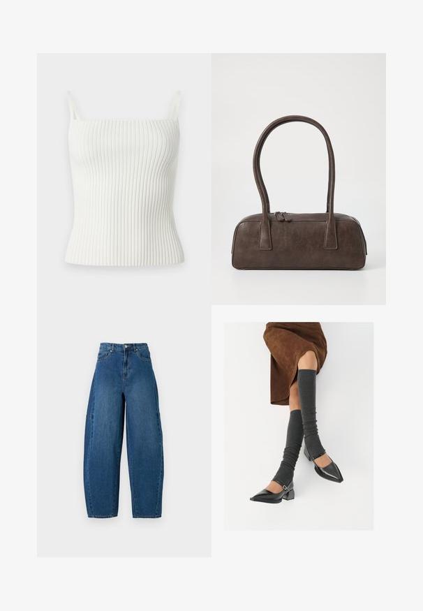Hvit ribbet tanktop med tynne stropper, med en tettsittende design og myk tekstur. Materialet er elastisk og glatt, noe som øker komforten.; Denimjeans i en middels blå vask, med høy midje, vide ben og standard fem-roms design med synlige sømdetaljer.; Sorte lakkpumps med spiss tå, blokkhel, og ankelstropp, kombinert med grå ribbestrikkede beinvarmere og et brunt semsket skinn skjørt.; Brun lærveske med to robuste håndtak, rektangulær form, jevn tekstur og glidelås. Minimalistisk design uten synlige mønstre.