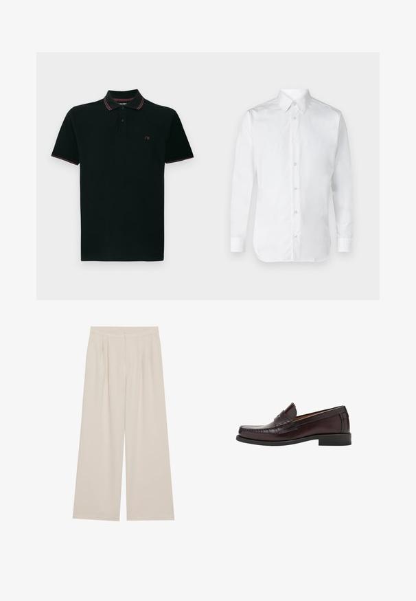 Black polo shirt with two-button placket, dark red stripe on collar and sleeves, and small red "/H" logo on left chest.; White button-up shirt with long sleeves, made of smooth cotton fabric, featuring a classic collar and subtle sheen. Five buttons down the front.; Beige wide-leg trousers with a flat front, pleats, and an elastic waistband. Made from a lightweight fabric with a smooth texture.; Brown leather loafers with a rounded toe, decorative stitching on the front, and a flat rubber sole for support and durability.