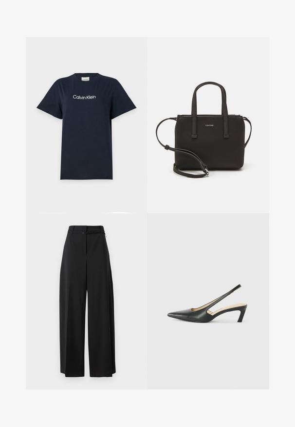 Mørkeblå bomulds T-shirt med korte ærmer og rund halsudskæring. Har hvidt "Calvin Klein" tekstlogo på brystet. Enkelt og klassisk design.; Sorte bredde ben bukser med høj talje og bælte. Har en glat tekstur og rene linjer, designet til en afslappet pasform.; Sorte spidse slingback-sko med en lav hæl, lavet af glat læder og med udskæringer på siden for åndbarhed.; Sort håndtaske med to korte håndtag og en aftagelig skulderrem. Glat læderagtigt materiale med lynlåslukning og logo detaljer.