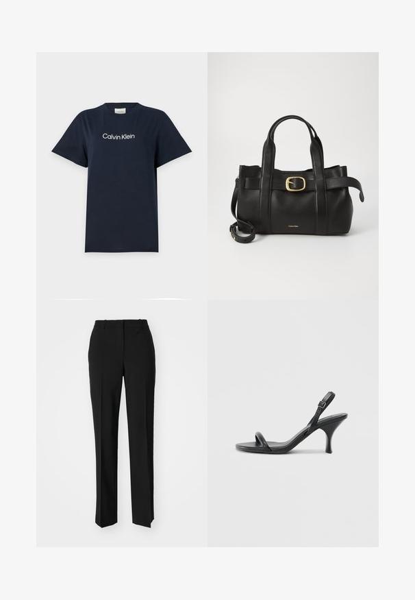 Mørkeblå bomulls t-skjorte med korte ermer og rund hals. Har hvit "Calvin Klein" tekstlogo på brystet. Enkel og klassisk design.; Sorte skreddersydde bukser med rett silhuett, med en glatt tekstur og klare pressede bretter foran. Ingen synlig maskinvare.; Sorte skinnhøye hæler med en slank, buet hæl og et kryssrem-design. Justerbar ankelrem. Glatt tekstur.; Svart lærveske med en strukturert design, doble topphåndtak, gullfarget spenneakent og preget merke-logo foran.