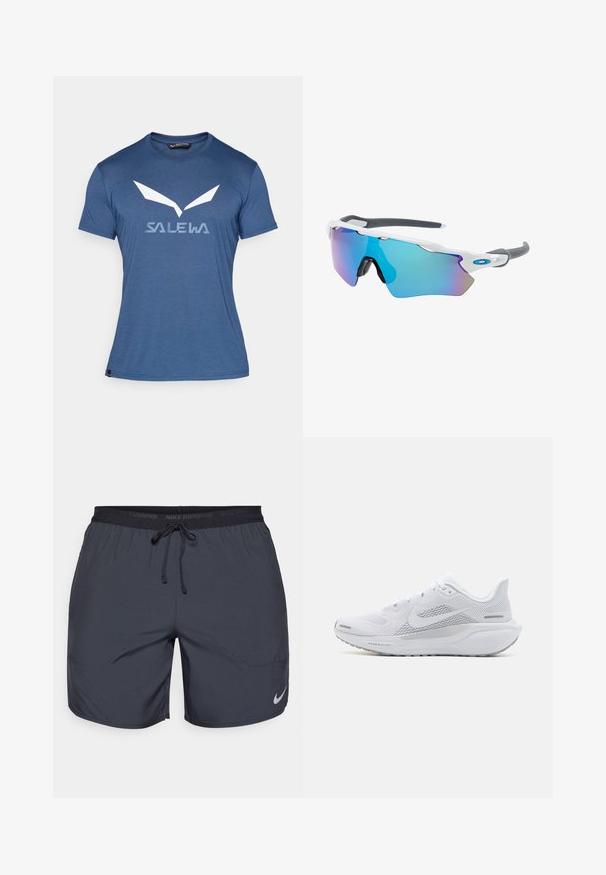 Camiseta de manga corta azul hecha de material suave, con un logotipo gráfico blanco y un diseño abstracto en la parte frontal. Cuello redondo simple.; Pantalones cortos de running de Nike en gris oscuro, con una cintura elástica y un cordón de ajuste, además de un acento del logo plateado en la parte inferior de la pierna derecha.; Zapatilla deportiva blanca con parte superior de malla, sobrecapas de textura suave, acentos en gris, cordones y una suela acolchada diseñada para el rendimiento.; Gafas de sol con montura blanca, detalles grises y lentes espejados azules. Diseño deportivo, forma envolvente y almohadillas para la nariz ajustables.