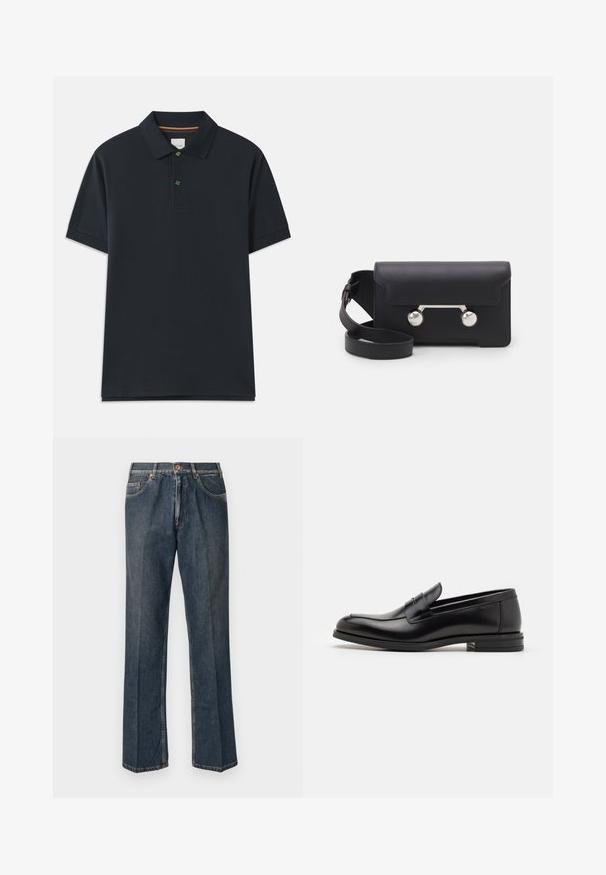 Polo azul-marinho com mangas curtas, colarinho, pala com três botões e um pequeno detalhe verde bordado no peito.; Jeans de ganga de perna reta azul escuro com botão à frente, fecho de correr, dois bolsos frontais e vinco vertical visível ao longo das pernas.; Mocassins de couro preto com uma textura suave, bico arredondado e uma faixa decorativa sobre o peito do pé. Salto baixo e empilhado, design minimalista.; Saco transversal em pele preta com fecho de aba, ferragens em tom prateado e dois acentos redondos. Apresenta uma alça destacável. Textura suave.