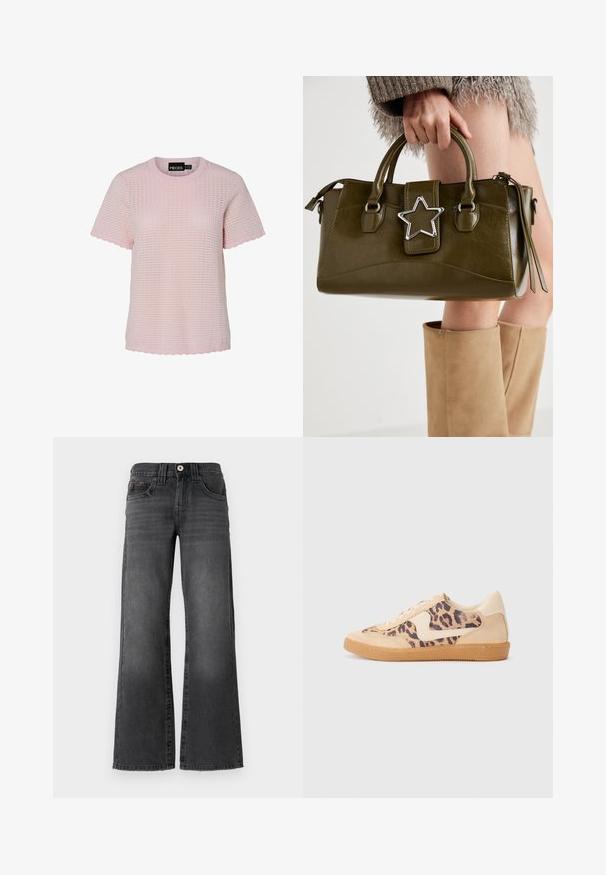 Lyserød strikket t-shirt med rund halsudskæring, korte bølget ærmer og struktureret mønster hele vejen igennem. Mærket er synligt ved halsen.; Bredde ben jeans i mørkegrå denim. Har fem lommer, en knaplukning og subtil falmning på stoffet. Klassiske syninger som accentuerer.; Leopardprint sneakers med beige ruskindsoverdel, tan gummisål og hvide detaljer. Rund pegefinger og snørebåndsdesign med en tekstureret finish.; Olivengrønt faux læder håndtaske med sølvstjerne accent, dobbelt håndtag og lynlås lukning. Teksturopfald og struktureret form.