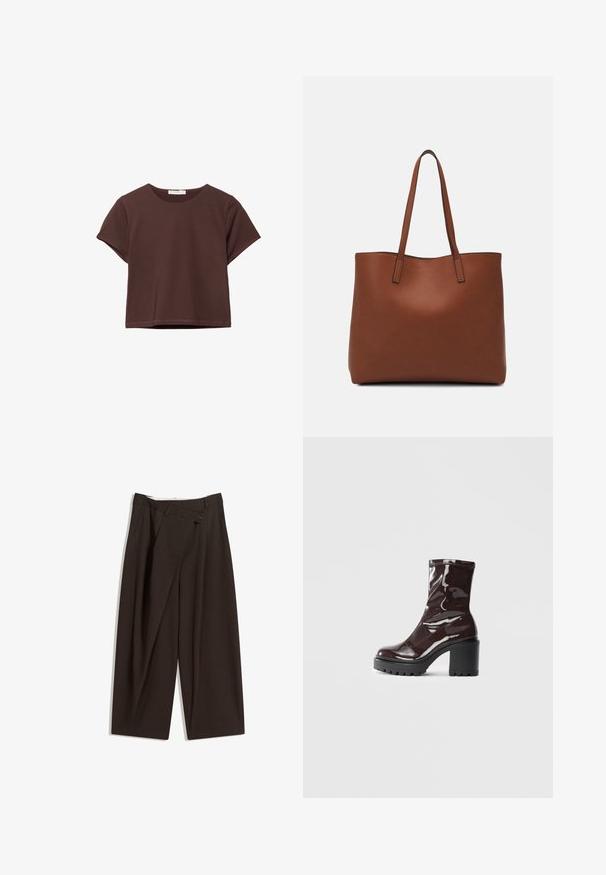 T-shirt corta marrone con maniche corte e scollatura rotonda, esposta su uno sfondo bianco.; Pantaloni a gamba larga marrone scuro con vita alta, dotati di una chiusura con bottone singolo e una parte anteriore plissettata. Realizzati in tessuto leggero.; Stivale alla caviglia bordeaux lucido con un tacco spesso nero, caratterizzato da una superficie liscia e un design semplice. Nessuna chiusura visibile o motivo.; Borsa tote in pelle marrone con texture liscia, design con apertura superiore e due spallacci. Presenta cuciture minime e nessun hardware visibile.