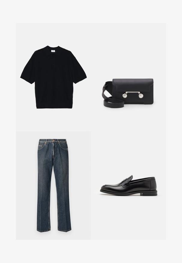 Juodas trumpomis rankovėmis polo marškinėliai su tekstūruota audinio struktūra, trijų mygtukų sprandtiniu ir klasikinėmis apykaklėmis. Minimalistinis dizainas su laisvu kirpimu.; Tamsiai mėlynos tiesios kojos džinsai su priekiniais mygtukais, užtrauktuku, dviem priekinėmis kišenėmis ir matomomis vertikaliomis raukšlėmis nuo kelnių šonų.; Juodos odinės loafers, turinčios lygų paviršių, apvalią noselę ir dekoratyvinę juostą per priekinę dalį. Žemas krentantis kulnas, minimalistinis dizainas.; Juodas odinis kryžminis krepšys su sklendės uždarymu, sidabro spalvos detalėmis ir dviem apvaliais akcentais. Yra nusiimamas diržas. Lygus paviršius.