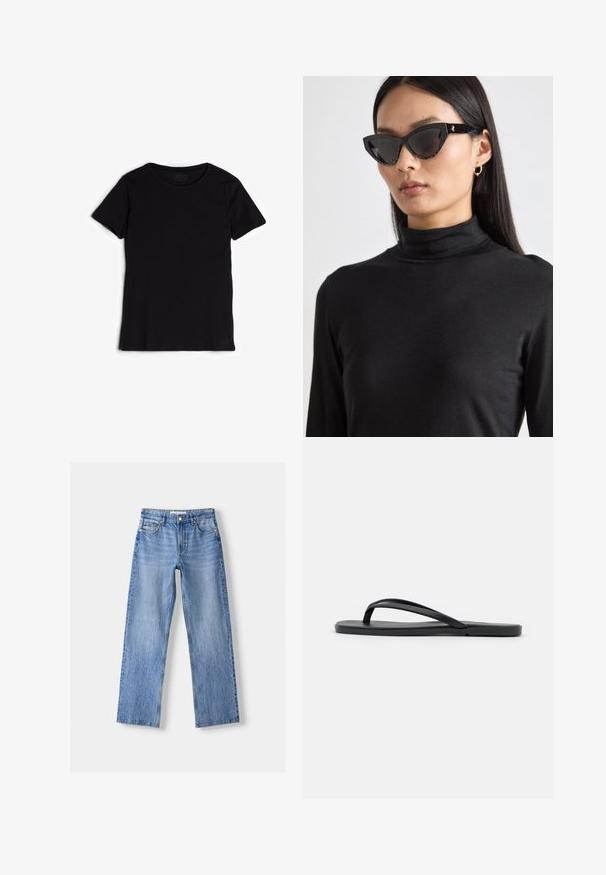 Černé tričko s krátkým rukávem vyrobené z měkké bavlny. Má kulatý výstřih a hladkou, rovnoměrnou texturu bez viditelných vzorů nebo ozdob.; Svetle modré džínové kalhoty s rovnými nohavicemi, s pěti kapsami, předním zapínáním na knoflík a jemným opráním pro texturu.; Černé žabky s minimalistickým designem, plochou podrážkou, úzkými pásky a hladkým povrchem. Bez dalších vzorů nebo akcentů.; Černé sluneční brýle ve tvaru kočičích očí s tmavými skly, texturovanými černými obruby a jemnými třpytivými akcenty. Modelka má na sobě černý rolák.; Zlaté digitální hodinky s obdélníkovým ciferníkem, LCD displejem, nerezovým páskem a tlačítky na boku. Obsahují označení odolnosti proti vodě.