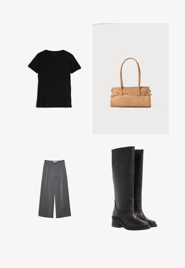 Czarny, krótki rękaw t-shirt wykonany z miękkiej bawełny. Posiada okrągły dekolt oraz gładką, równą teksturę bez widocznych wzorów czy ozdób.; Plisowane spodnie o szerokich nogawkach w ciemnoszarym materiale z subtelną teksturą. Posiadają zapięcie na guzik oraz klasyczny krój pasa.; Czarne skórzane kozaki do kolan o gładkiej fakturze, zaokrąglonym nosku i masywnym obcasie. Posiadają subtelne przeszycia i elegancki kształt.; Torebka z brązowego zamszu z dwoma długimi uchwytami, prostokątnym kształtem i dekoracyjnym przeszyciem. Posiada boczny pasek oraz subtelne akcenty w kolorze złotym.