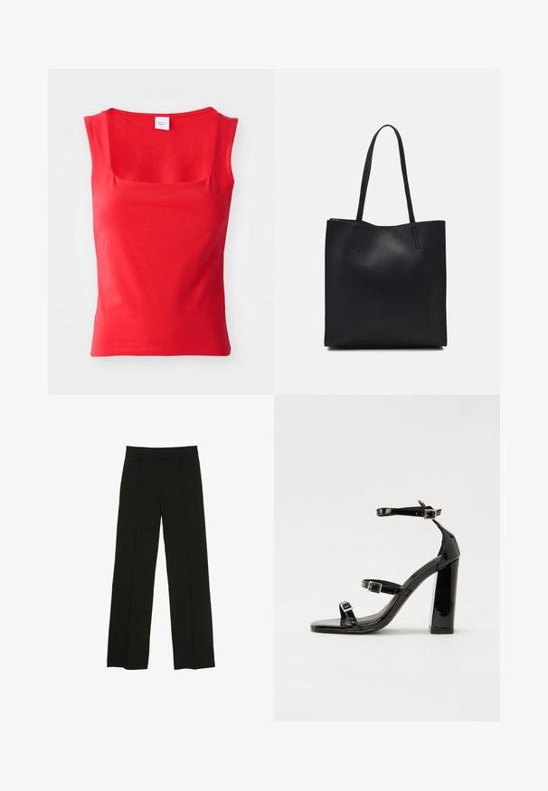 Rdeča majica s kratkimi rokavi, izdelana iz gladkega materiala, s kvadratnim ovratnikom in prilegnjeno silhueto, ki ima čiste, ravne robove.; Črne široke hlače iz gladkega materiala, z oprsnikom in diskretnimi sprednjimi plisami za dodano teksturo.; Črne lakirane sandale s peto, kvadratnim prstom, trakovi okrog gležnja in srebrnimi zaponkami. Opremljene so s stabilno Debelo peto.; Črna usnjena torba s svilnato teksturo, pravokotne oblike in dvema dolgima ročajema. Brez vidnih metalnih delov ali okrasnih elementov.