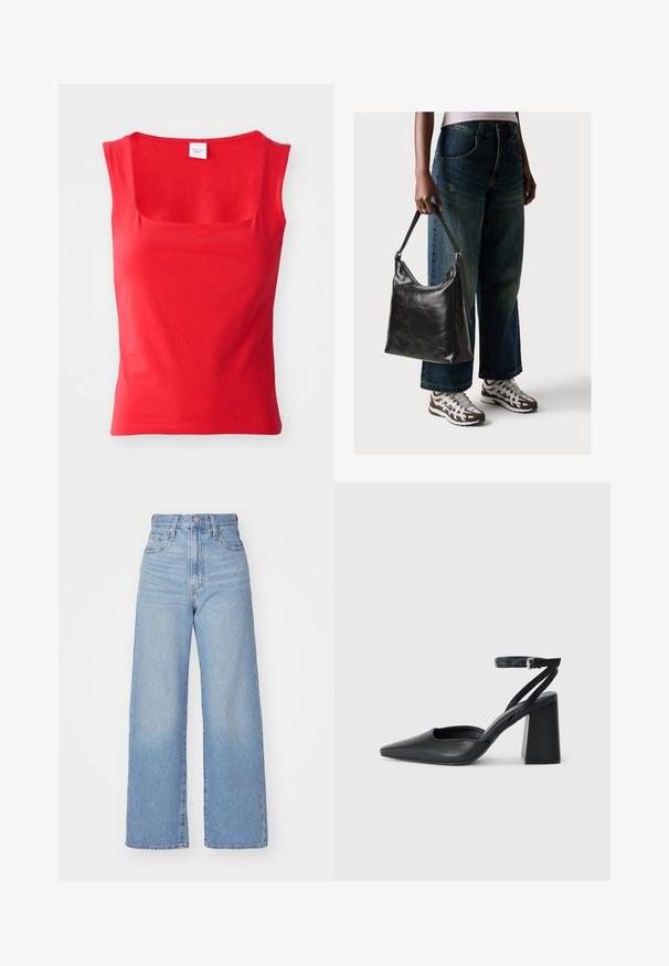 T-shirt vermelha de manga curta, feita de tecido suave, com decote quadrado e silhueta ajustada, apresentando linhas de borda limpas e retas.; Jeans de cintura alta e perna larga em azul claro, com fecho frontal de botão e zíper, bolsos frontais e traseiros, sobre um fundo branco.; Sandal com biqueira afilada em couro preto, com cinta no tornozelo e salto grosso. Textura lisa, design elegante e estética minimalista.; Bolsa de ombro em couro preto com textura suave e alça ajustável, combinada com jeans de perna larga desbotados e ténis desportivos.