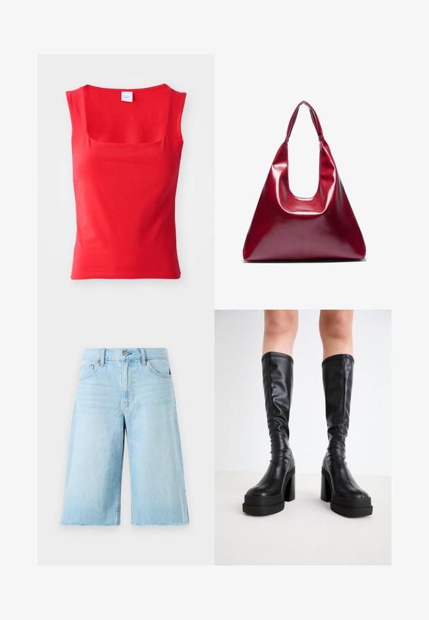 Red, short-sleeve top made of smooth fabric with a square neckline and a fitted silhouette, featuring clean, straight hem lines.; Light blue denim shorts with a loose fit, frayed hem, five pockets, and metal hardware. Classic jeans design with subtle fading.; Black knee-high boots made of smooth leather, featuring a thick platform and block heel, with stitched detailing along the edges.; Red glossy leather handbag with a triangular shape, wide top opening, and a single curved handle. Smooth texture with minimal stitching details.; Set of silver earrings featuring various designs: hoops, studs, and dangling styles, with ball accents and pointed elements.