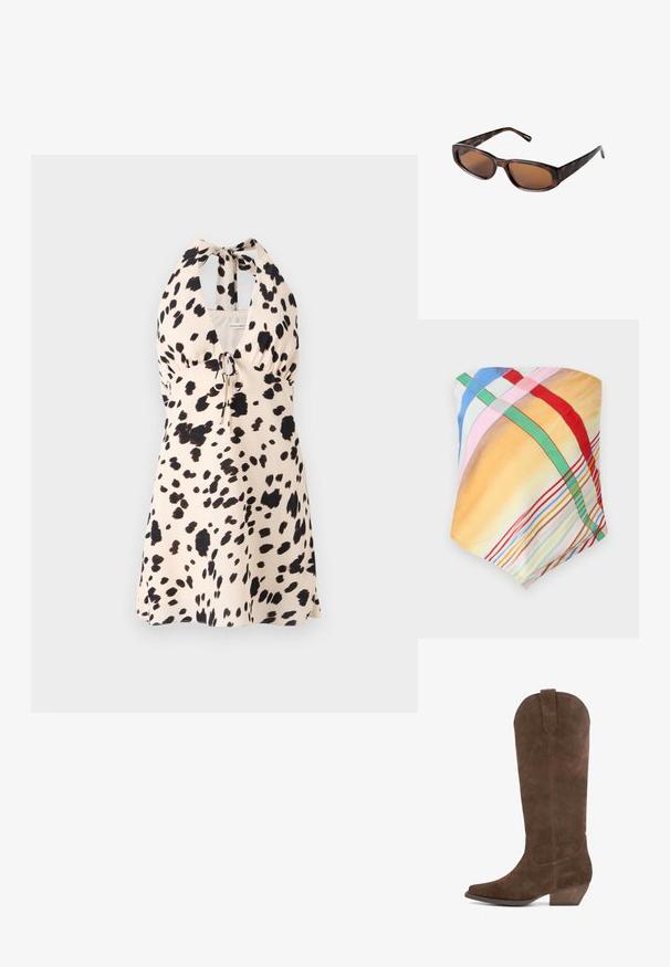 Sciarpa multicolore con motivi a scacchi in giallo, blu, rosa, rosso e verde. Realizzata in tessuto leggero e liscio con una texture morbida.; Abito halterneck in beige chiaro con motivo a pois neri; presenta un cordoncino in vita per una vestibilità regolabile.; Stivali al ginocchio in suede marrone con punta appuntita, tacco angolato e cima arrotondata. Presentano un dettaglio di cucitura sul lato e una texture sottile.; Occhiali da sole tartarugati marroni con lenti rettangolari, profilo snello e bracci curvi. Le lenti hanno una tinta marrone, la montatura è in plastica.