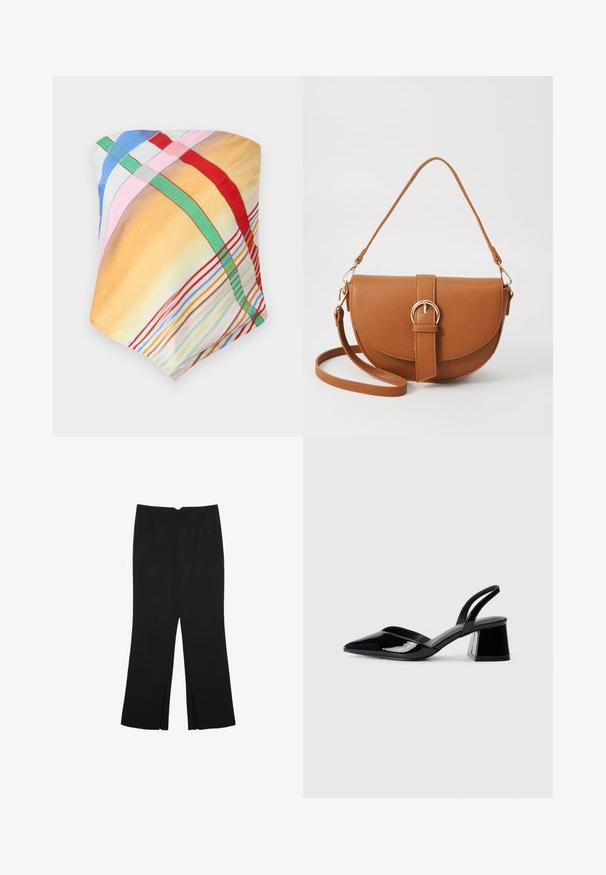 Écharpe multicolore avec des motifs à carreaux en jaune, bleu, rose, rouge et vert. Confectionnée en tissu léger et lisse avec une texture douce.; Pantalon noir avec une coupe droite, doté de poches avant et d'éclairs sur l'ourlet. Fabriqué en tissu doux et lisse. Convient à diverses occasions.; Escarpins en cuir verni noir avec bout pointu et talon bloc géométrique. Présente un design élégant et minimaliste ainsi qu'une texture lisse.; Sac bandoulière en cuir marron avec une forme incurvée, quincaillerie dorée et un accent en boucle. Comprend une bandoulière détachable.