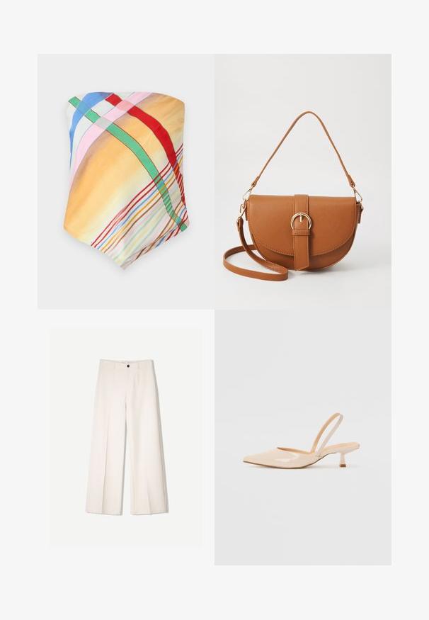 Šarena šal s kariranim uzorcima u žutoj, plavoj, ružičastoj, crvenoj i zelenoj boji. Izrađen od lagane, glatke tkanine s mekanim osjećajem.; Kreme hlače širokih nogavica s krojem koji je prilagođen, s dva prednja džepa i jednim prednjim zatvaranjem na gumb, izrađene od glatkog materijala.; Bež sandale od lakirane kože s uskim vrhom i tankim, kvadratnim potpeticom. Glatka tekstura i minimalistički dizajn bez ukrasnih detalja.; Smeđa kožna torba preko tijela s zakrivljenim oblikom, zlatnim metalnim detaljima i naglaskom na kopču. Ima odvojivu naramenicu.