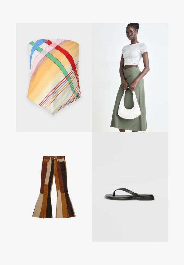 Écharpe multicolore avec des motifs à carreaux en jaune, bleu, rose, rouge et vert. Confectionnée en tissu léger et lisse avec une texture douce.; Pantalon évasé en velours côtelé avec un motif rayé dans des nuances de marron, beige et or, doté de poches et d'une ceinture colorée.; Tongs noires en cuir lisse, avec un design de sangle fine et une semelle plate à profil minimal. Aucun motif ou accent notables.; Top court rayé gris et jupe taille haute verte olive. Le mannequin tient un sac à bandoulière blanc avec des découpes. Design simple, silhouette ajustée.