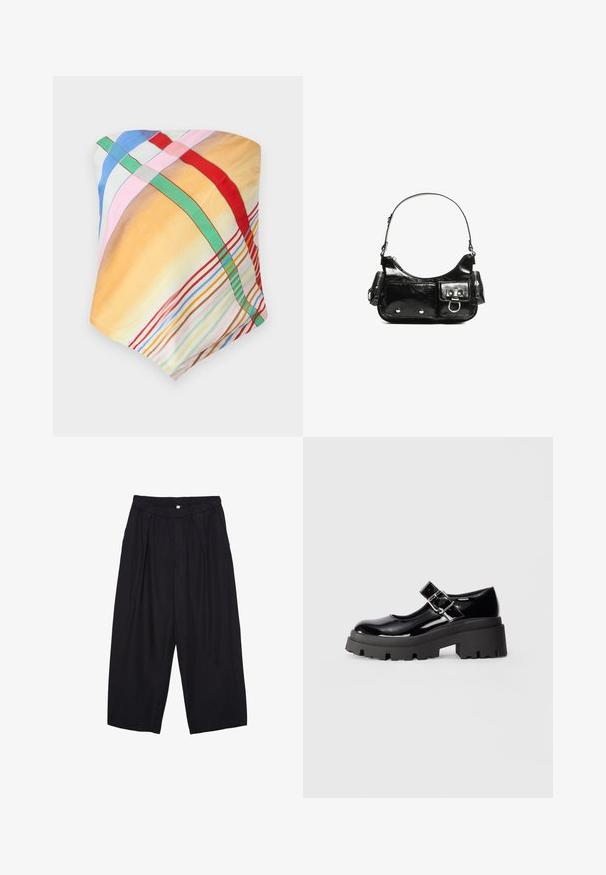 Mehrfarbiger Schal mit karierten Mustern in Gelb, Blau, Pink, Rot und Grün. Hergestellt aus leichtem, glattem Stoff mit einer weichen Textur.; Schwarze Polyester-Culotte mit einem elastischen Bund, zwei vorderen Falten und einer lockeren Silhouette. Keine sichtbaren Muster oder Hardware-Details.; Schwarze Lackleder-Mary-Jane-Schuhe mit einer klobigen schwarzen Sohle, ausgestattet mit einem seitlichen Schnallenriemen und einem abgerundeten Zehendesign.; Schwarze Lackleder-Handtasche mit geschwungenem Design, einem Schulterriemen, Vordertaschen und silberfarbenen Hardware-Akzenten.